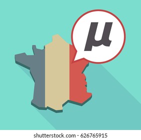 Illustration of a long shadow France map with its flag and a comic balloon with  a micro sign, mu greek letter