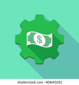 Illustration of a long shadow gear icon with  a dollar bank note