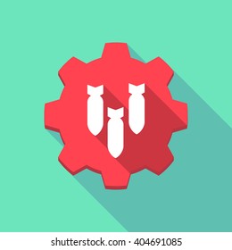 Illustration of a long shadow gear icon with  three bombs falling