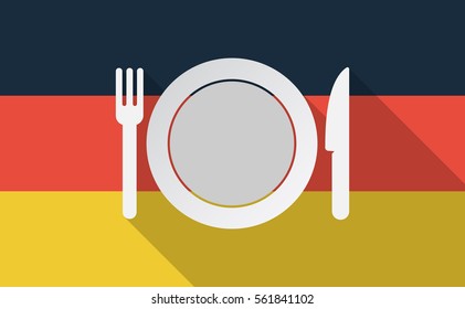 Illustration of a long shadow Germany flag with  a dish, knife and a fork icon