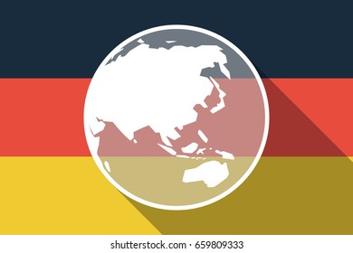 Illustration of a long shadow Germany flag with  an Asia Pacific world globe map