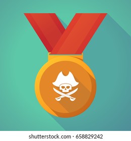 Illustration of a long shadow gold award medal with a pirate skull