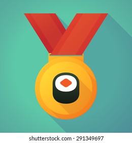 Illustration of a long shadow gold medal with a piece of sushi