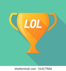 Illustration of a long shadow golden award cup icon with    the text LOL