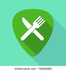 Illustration of a long shadow guitar pick with a knife and a fork