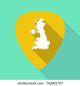 Illustration of a long shadow guitar pick with  a map of the UK 