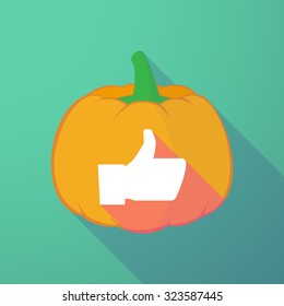 Illustration of a long shadow halloween pumpkin with a thumb up hand