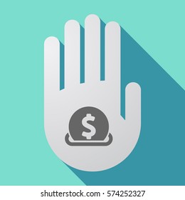 Illustration of a long shadow hand with  a dollar coin entering in a moneybox