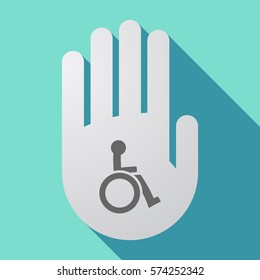 Illustration of a long shadow hand with  a human figure in a wheelchair icon