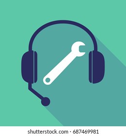 Illustration of a long shadow hands free headset with a spanner