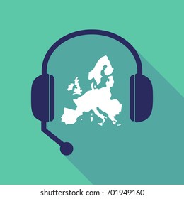 Illustration of a long shadow hands free headset with  a map of Europe 