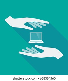 Illustration of a long shadow hands protecting a laptop