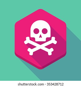 Illustration of a long shadow hexagon icon with a skull
