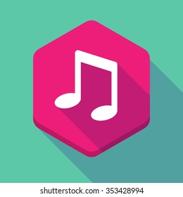 Illustration of a long shadow hexagon icon with a note music