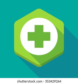 Illustration of a long shadow hexagon icon with a round pharmacy sign