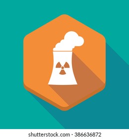 Illustration of a long shadow hexagon icon with a nuclear power station