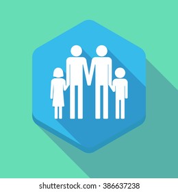 Illustration of a long shadow hexagon icon with a gay parents  family pictogram