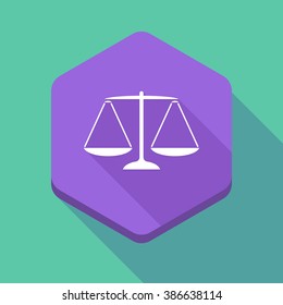 Illustration of a long shadow hexagon icon with a justice weight scale sign