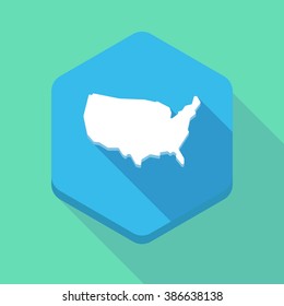 Illustration of a long shadow hexagon icon with  a map of the USA