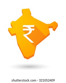 Illustration of a long shadow India map icon with a rupee sign