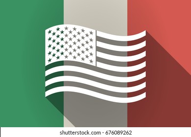 Illustration of a long shadow Italy flag with  the Unites States of America waving flag