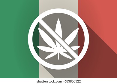 Illustration of a long shadow Italy flag with  a marijuana leaf  in a not allowed signal 