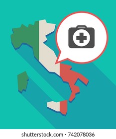 Illustration of a long shadow Italy map, its flag and a comic balloon with   a first aid kit icon