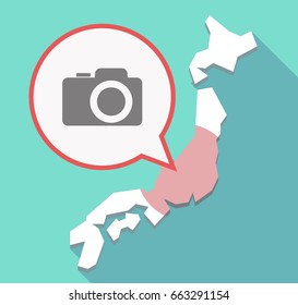 Illustration of a long shadow Japan map, its flag and a comic balloon with a photo camera