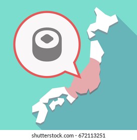 Illustration of a long shadow Japan map, its flag and a comic balloon with a piece of sushi