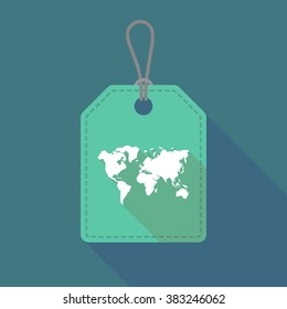 Illustration of a long shadow label icon with a world map