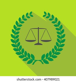 Illustration of a long shadow laurel wreath icon with a justice weight scale sign