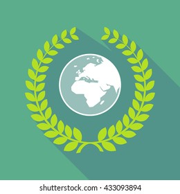 Illustration of a long shadow laurel wreath icon with   an Asia, Africa and Europe regions world globe