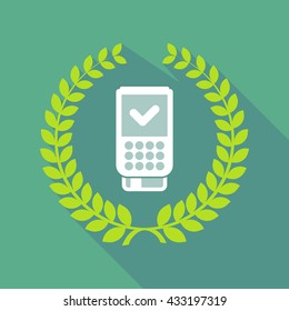 Illustration of a long shadow laurel wreath icon with  a dataphone icon
