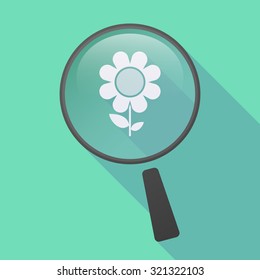 Illustration of a long shadow magnifier icon with a flower