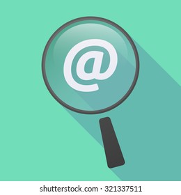 Illustration of a long shadow magnifier icon with an at sign