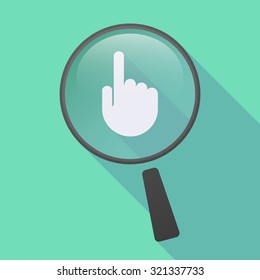 Illustration of a long shadow magnifier icon with a pointing hand