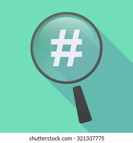 Illustration of a long shadow magnifier icon with a hash tag