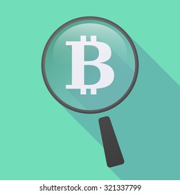 Illustration of a long shadow magnifier icon with a bit coin sign