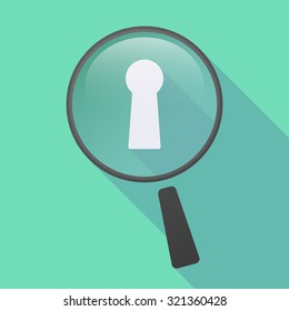 Illustration of a long shadow magnifier icon with a key hole