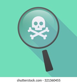 Illustration of a long shadow magnifier icon with a skull