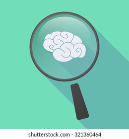 Illustration of a long shadow magnifier icon with a brain