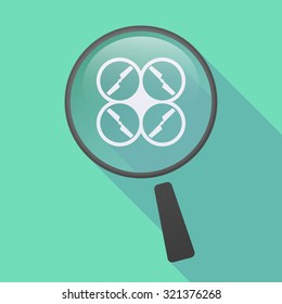 Illustration of a long shadow magnifier icon with a drone