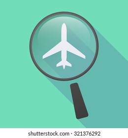 Illustration of a long shadow magnifier icon with a plane