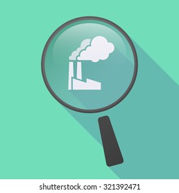 Illustration of a long shadow magnifier icon with a factory