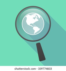 Illustration of a long shadow magnifier vector icon with an America region world globe