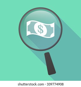 Illustration of a long shadow magnifier vector icon with a dollar bank note