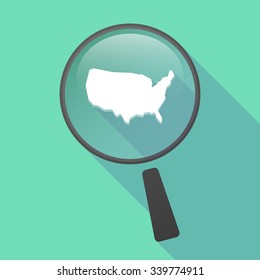 Illustration of a long shadow magnifier vector icon with  a map of the USA