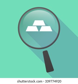 Illustration of a long shadow magnifier vector icon with three gold bullions