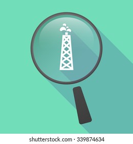 Illustration of a long shadow magnifier vector icon with an oil tower