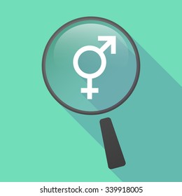 Illustration of a long shadow magnifier vector icon with a transgender symbol